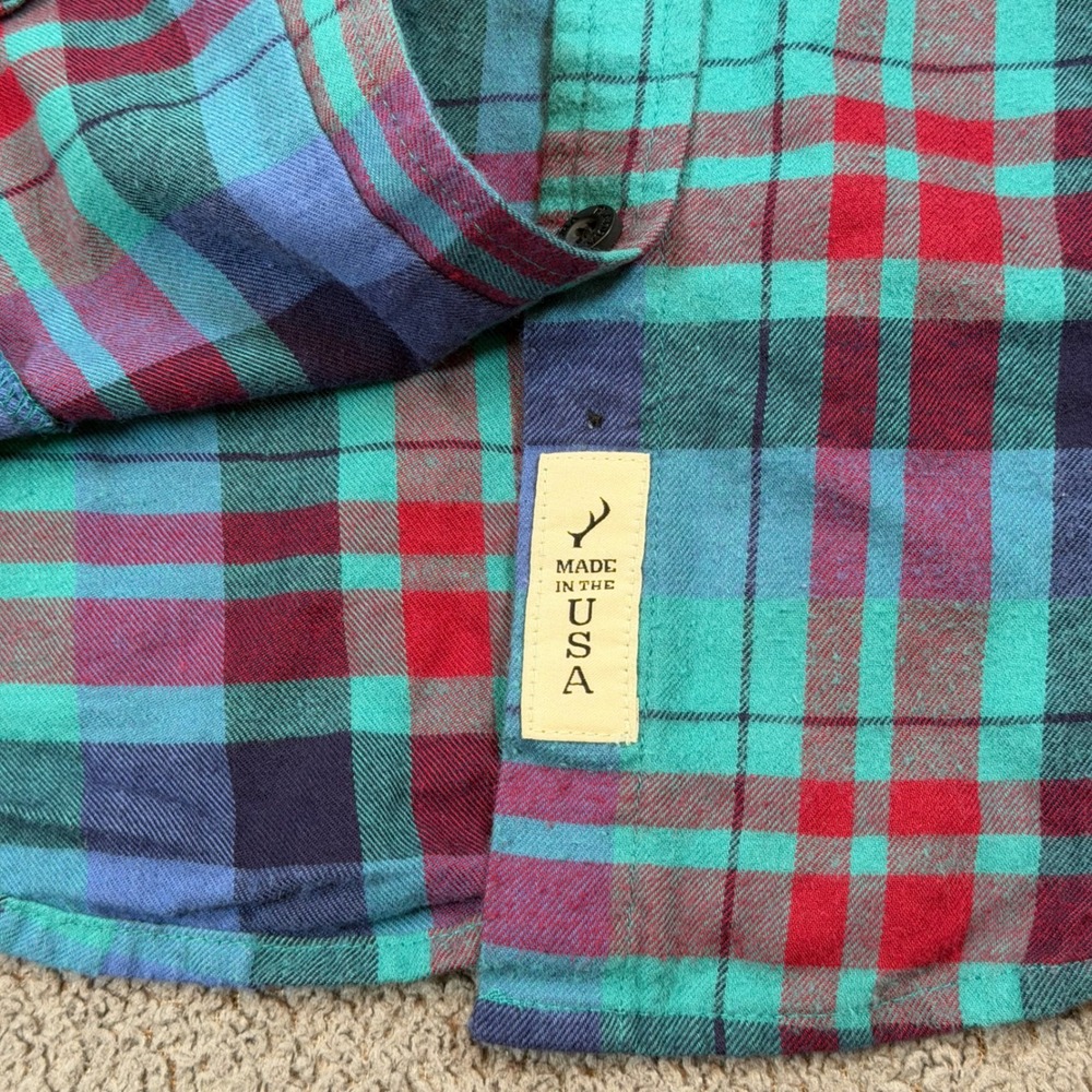 Pladra Womens Flannel Shirt Small Plaid Teal Red Fish Print Lining Made in USA - Picture 5 of 11